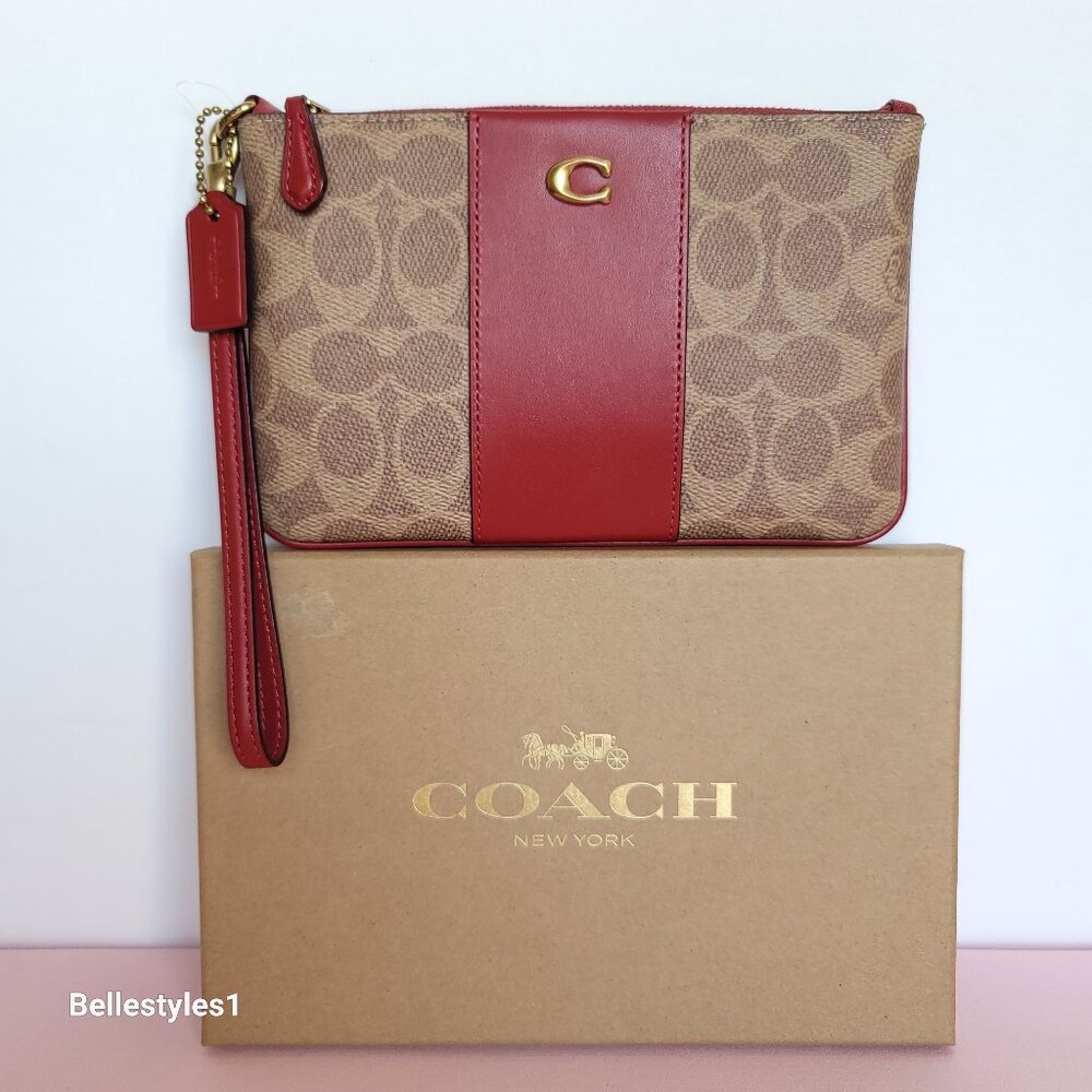COACH Boxed Small Wristlet in Signature Canvas & Smooth Leather-Tan/Ruby color⭐